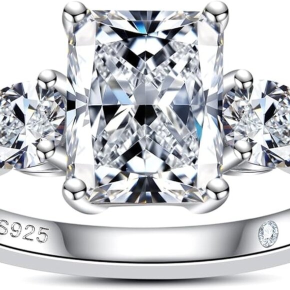 4.008cttw Radiant Cut Moissanite Ring D Color VVS1 925 Silver Side Stone - Picture 2 of 6